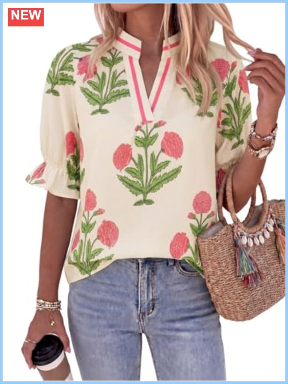 Women's Floral Puff Sleeve Blouse Boho V-Neck Summer Shirt
